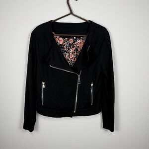 Suko Jeans‎ Womens Black Moto Jacket Floral Lining Asymmetrical Zip Size M